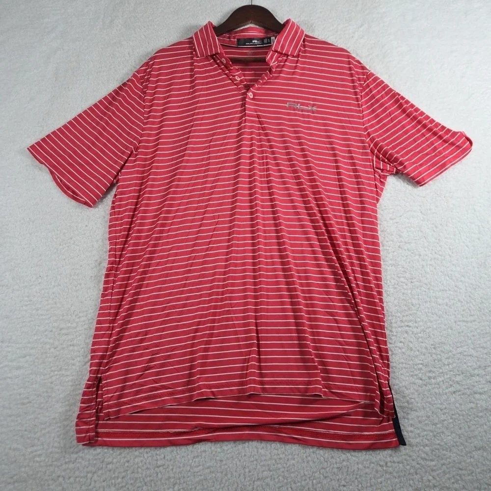 RLX Ralph Lauren Men's XL Pink/white Stripe Short Sleeve Golf Polo Shirt Stretch
